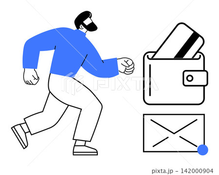 Data security, online banking, identity theft, digital payment, cybersecurity, personal safety. Person walking near wallet with credit card and envelope. Data security and online banking concepts Data security, online banking, identity theft, digital payment, cybersecurity, personal safety. Person walking near wallet with credit card and envelope. Data security and online banking concepts 142000904