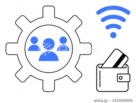 Digital technology, payment systems, connectivity, team management, e-commerce, finance. A gear with people inside alongside a wallet, card and wireless symbol. Digital payment and team management 142000909