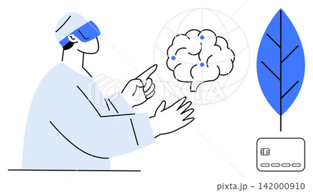 Artificial intelligence, virtual reality, digital transformation, innovation, sustainable energy, and smart payments. Person with VR headset points at a brain diagram and sustainable elements Artificial intelligence, virtual reality, digital transformation, innovation, sustainable energy, and smart payments. Person with VR headset points at a brain diagram and sustainable elements 142000910