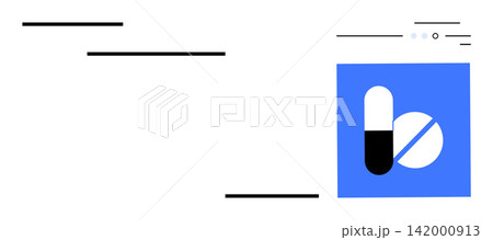 Healthcare, pharmacy, medication, drugstore, medicine, online health services. Pill and tablet icon in blue square. Healthcare and pharmacy concept digital platforms and medications Healthcare, pharmacy, medication, drugstore, medicine, online health services. Pill and tablet icon in blue square. Healthcare and pharmacy concept digital platforms and medications 142000913