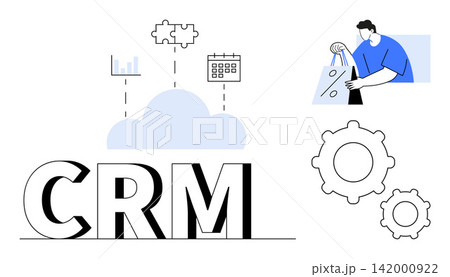 Cloud computing, customer management, business tools, e-commerce, data analysis, marketing strategy. CRM text with cloud, analytics icons gears and customer interaction. Cloud computing 142000922