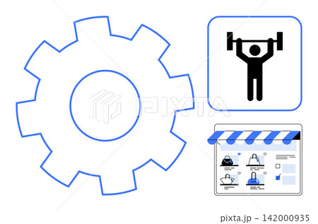 Technology, e-commerce, fitness management, business solutions, innovation, development. Gear icon, fitness symbol and online store interface. Technology and e-commerce combined in modern contexts Technology, e-commerce, fitness management, business solutions, innovation, development. Gear icon, fitness symbol and online store interface. Technology and e-commerce combined in modern contexts 142000935