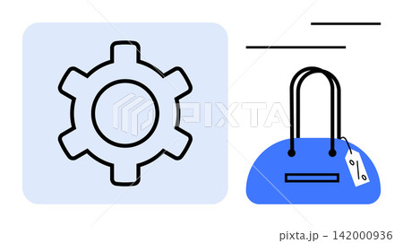 E-commerce, retail, technology, shopping, automation, business solutions. A gear icon alongside a blue handbag with a price tag. E-commerce and retail concepts highlighted 142000936