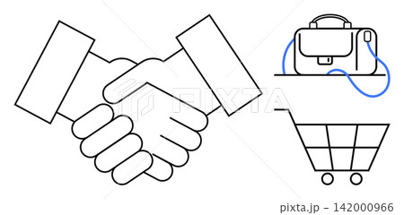 Business partnerships, retail commerce, professional services, collaboration, online businesses, corporate operations. Handshake, briefcase and shopping cart icons with clean lines. Business Business partnerships, retail commerce, professional services, collaboration, online businesses, corporate operations. Handshake, briefcase and shopping cart icons with clean lines. Business 142000966