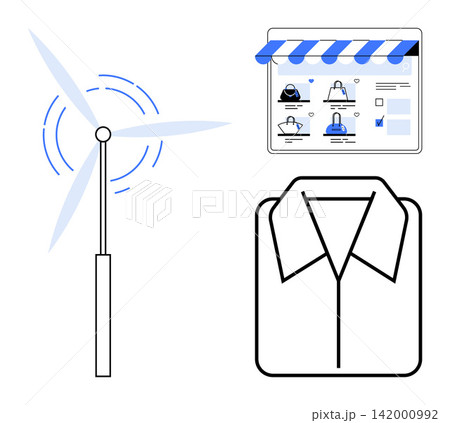 Renewable energy, e-commerce, sustainability, technology, eco-friendly practices, modern business. A wind turbine, online shopping interface and shirt design. Renewable energy and e-commerce concept Renewable energy, e-commerce, sustainability, technology, eco-friendly practices, modern business. A wind turbine, online shopping interface and shirt design. Renewable energy and e-commerce concept 142000992