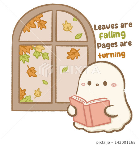 Cute Chibi Ghost Reading by Autumn Window Leaves Are Falling Pages Are Turning Cozy Fall Bookish Illustration 142001168