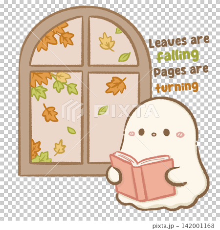 Cute Chibi Ghost Reading by Autumn Window Leaves Are Falling Pages Are Turning Cozy Fall Bookish Illustration 142001168