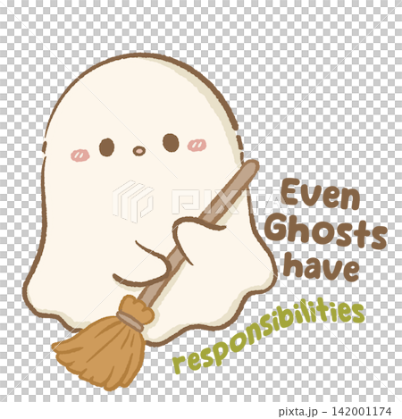 Cute Chibi Ghost Sweeping with Broom Even Ghosts Have Responsibilities Funny Halloween Chores Illustration 142001174
