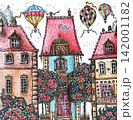 Hand drawn whimsical illustration of a charming street with colorful houses, blooming roses and hot air balloons, creating a romantic fairy tale city scene in a vintage sketch style 142001182