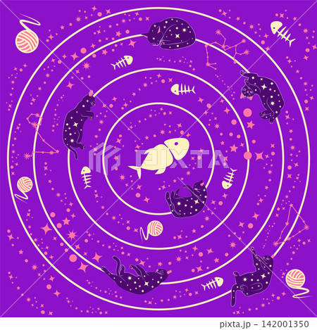 The Universe of Cats. Cats are like planets in orbit around the main star, fish, a ball of thread. Purple Print The Universe of Cats. Cats are like planets in orbit around the main star, fish, a ball of thread. Purple Print 142001350
