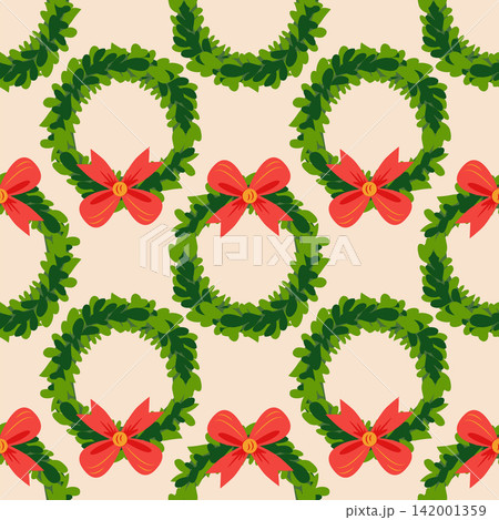 Christmas wreath with red bow seamless pattern. Christmas wreath with red bow seamless pattern. 142001359