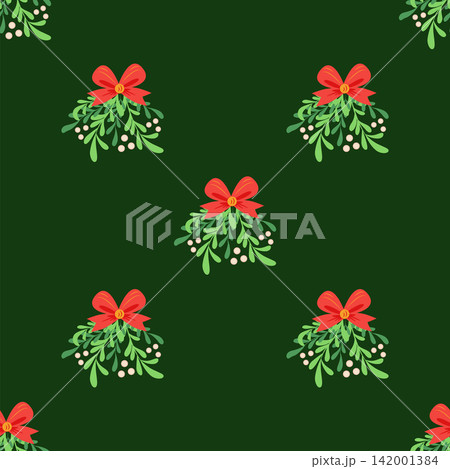 Christmas mistletoe branch with red bow seamless pattern. Kiss Me Under Mistletoe Concept, Gift Wrapping. Christmas mistletoe branch with red bow seamless pattern. Kiss Me Under Mistletoe Concept, Gift Wrapping. 142001384