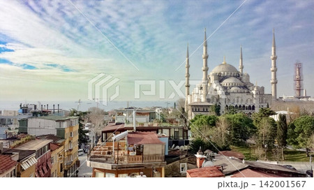 イスタンブールの名所、ブルーモスク（スルタンアフメト・モスク）と街並みの眺望 142001567
