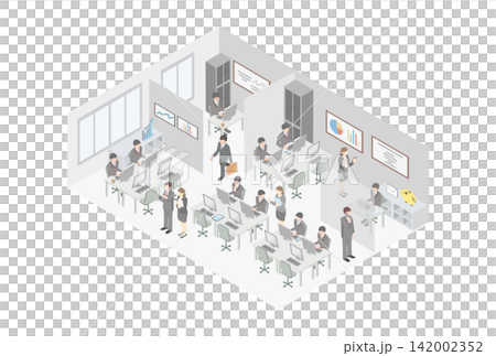 Isometric illustration of a person in a business office setting, depicting work, occupation, working, business person, landscape, and stock image. Isometric illustration of a person in a business office setting, depicting work, occupation, working, business person, landscape, and stock image. 142002352