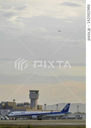 夕暮れの仙台空港　飛行機とトーイングトラクター　宮城県名取市 142002966