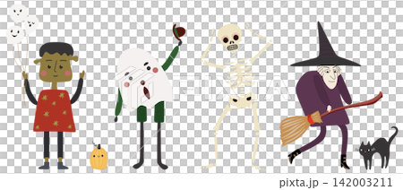 Halloween Cartoon Characters Set with Witch, Ghosts, Skeleton and Black Cat Halloween Cartoon Characters Set with Witch, Ghosts, Skeleton and Black Cat 142003211