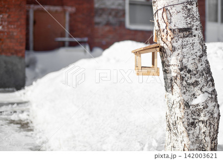 Wooden bird feeder is attached to a birch tree in a snowy setting, with a brick building and snow-covered ground visible in the background 142003621