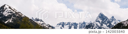 Snow-covered mountain peaks rise against a cloudy sky, with vibrant green foliage in the foreground, creating a picturesque natural scene Snow-covered mountain peaks rise against a cloudy sky, with vibrant green foliage in the foreground, creating a picturesque natural scene 142003840