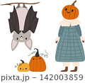 Cute Halloween illustration featuring a flying bat, a pumpkin headed girl in a blue dress, and two smiling pumpkins isolated on a white background 142003859