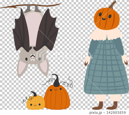 Cute Halloween illustration featuring a flying bat, a pumpkin headed girl in a blue dress, and two smiling pumpkins isolated on a white background Cute Halloween illustration featuring a flying bat, a pumpkin headed girl in a blue dress, and two smiling pumpkins isolated on a white background 142003859