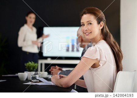 Business people, woman and portrait in presentation for data analysis with graph and financial growth of company. Collaboration, team and happy in meeting with stats report and feedback on charts Business people, woman and portrait in presentation for data analysis with graph and financial growth of company. Collaboration, team and happy in meeting with stats report and feedback on charts 142004193