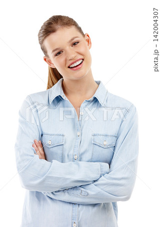Girl, arms crossed and smiling in studio portrait for confidence, style and fashion in smart casual shirt. Female person, happy and relaxed on white background for work clothes or professional wear Girl, arms crossed and smiling in studio portrait for confidence, style and fashion in smart casual shirt. Female person, happy and relaxed on white background for work clothes or professional wear 142004307