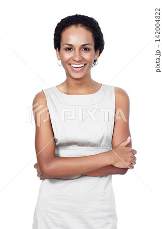 Portrait, crossed arms and business woman in studio with company pride, confidence and smile. Creative startup, professional and isolated person thinking for career, work and job on white background 142004822