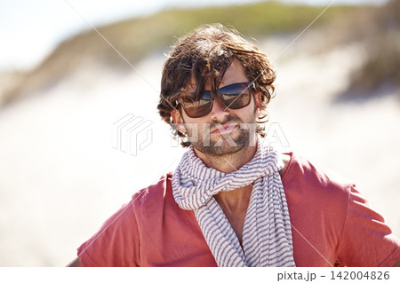 Man, sunglasses and portrait in dessert for vacation and relaxing break in summer holiday. Handsome male tourist or traveler and serious with scarf for travel aesthetic, adventure or explore outdoor Man, sunglasses and portrait in dessert for vacation and relaxing break in summer holiday. Handsome male tourist or traveler and serious with scarf for travel aesthetic, adventure or explore outdoor 142004826