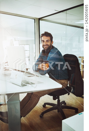 Man, laptop and portrait in office for web project, career review online and email feedback on digital report with coffee. Creative designer and smile with tech and beverage for internet research Man, laptop and portrait in office for web project, career review online and email feedback on digital report with coffee. Creative designer and smile with tech and beverage for internet research 142005695