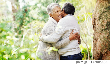 Senior couple, happy and hug in park by trees with love, care or connection on vacation in summer. Elderly woman, old man and embrace in nature with smile for sunshine, relax or holiday in retirement Senior couple, happy and hug in park by trees with love, care or connection on vacation in summer. Elderly woman, old man and embrace in nature with smile for sunshine, relax or holiday in retirement 142005698