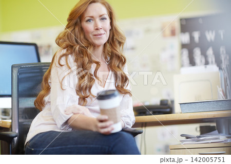Portrait, woman or paper cup to relax at desk, office or confident of business, startup or workplace. Female designer, coffee or ready to start, work or happiness at future, leisure or recreation Portrait, woman or paper cup to relax at desk, office or confident of business, startup or workplace. Female designer, coffee or ready to start, work or happiness at future, leisure or recreation 142005751