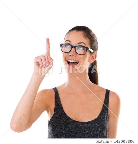 Woman, idea and glasses in studio with happy with white background for smile with mockup. Confidence, sign and report with gesture for solution with emotion, excited and cheerful with thought 142005800