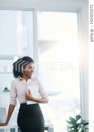 Business, thinking and proud woman with tablet in office for planning, memory or progress, pride and reflection. Digital, app and African manager waiting with consulting, service or b2b appointment Business, thinking and proud woman with tablet in office for planning, memory or progress, pride and reflection. Digital, app and African manager waiting with consulting, service or b2b appointment 142005972