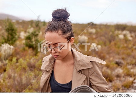 Woman, nature and hiking for travel outdoor, walking to explore environment and exercise. Health, wellness and adventure, tourism and vacation in outback Australia with safari or trekking along trail 142006060