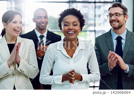 Applause, portrait and business woman with team in office for good news, achievement or goal. Happy, gratitude and group of financial advisors clapping hands for celebration with person in workplace. 142006064