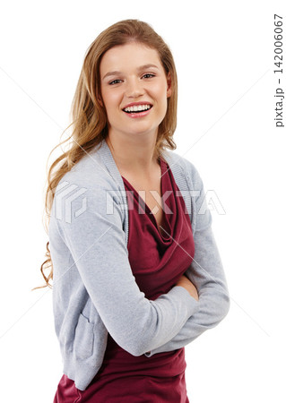 Portrait, smile and girl with arms crossed in studio for fashion isolated on a white background. Face, student and young woman with confidence in casual clothes, pride and laugh on backdrop in Italy Portrait, smile and girl with arms crossed in studio for fashion isolated on a white background. Face, student and young woman with confidence in casual clothes, pride and laugh on backdrop in Italy 142006067