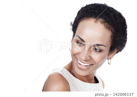 African woman, thinking and ideas in studio for career choice, planning and decision on white background. Business person, worker or lawyer with vision, news and job opportunity with mockup space 142006137