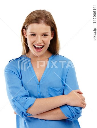 Girl, fashion and studio for shocked portrait, excited and surprise with smile and comfortable clothes for discount. Thinking, white background and promotion, idea and isolated in casual wear 142006144