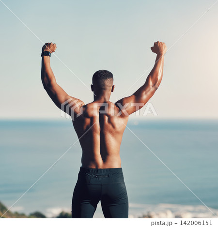 Outdoor, winner and athlete in nature, black man and mountain for workout, training and exercise for muscle. Active, energy and person in environment, sport and wellness for fitness and healthy body Outdoor, winner and athlete in nature, black man and mountain for workout, training and exercise for muscle. Active, energy and person in environment, sport and wellness for fitness and healthy body 142006151