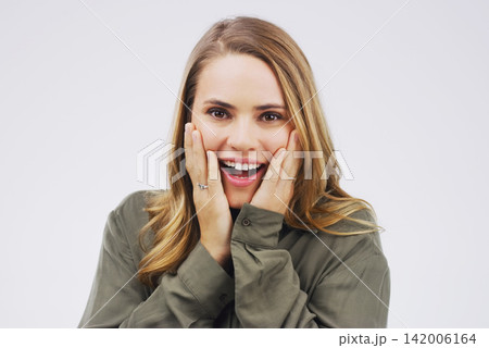 Woman, portrait and shock in studio for fake news, sale and wtf or omg for prize on white background. Female person, surprise and overwhelmed or wow for info, winner and discount or excited for deal 142006164