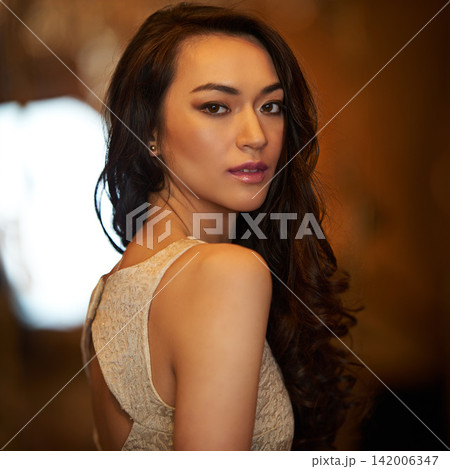 Fashion, beauty and portrait of elegant woman for gala event in style, classy outfit and formal dress. Beauty, evening aesthetic and person with confidence, pride and luxury glamour for charity ball 142006347