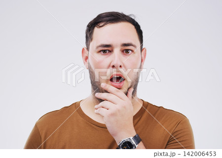 Portrait, man and surprise in studio white background with body language for choice, thinking or confused. Male person, wonder or shock face with news for announcement, save the date and wow or omg 142006453