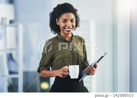 Coffee, documents and portrait of business black woman in office for planning, project research and notes. Creative company, insurance and happy worker with paperwork for career, working and job Coffee, documents and portrait of business black woman in office for planning, project research and notes. Creative company, insurance and happy worker with paperwork for career, working and job 142006553