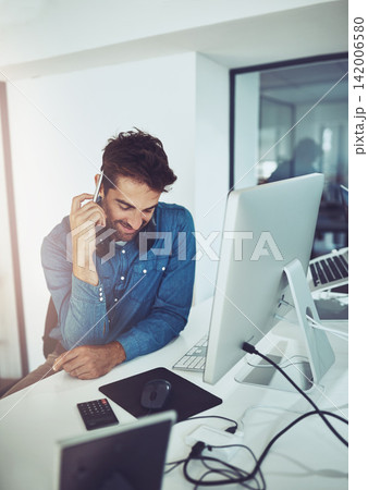 Businessman, thinking and pen in office for planning, brainstorming and notes for research. Male person, strategy and to do list in workplace for startup company, creative agency and development. 142006580