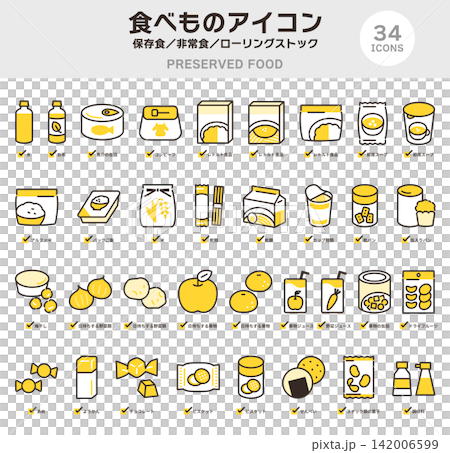 保存食品、緊急食品供應和鐵路車輛配件的圖示集。 保存食品、緊急食品供應和鐵路車輛配件的圖示集。 142006599