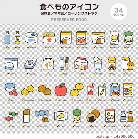 保存食品、緊急食品供應和鐵路車輛配件的圖示集。 保存食品、緊急食品供應和鐵路車輛配件的圖示集。 142006600