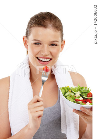 Healthy, salad and portrait, girl and studio for eating, white background and wellness of vitamin c. Health, benefits and vegetables for nutrition, female person and smile for happiness and diet Healthy, salad and portrait, girl and studio for eating, white background and wellness of vitamin c. Health, benefits and vegetables for nutrition, female person and smile for happiness and diet 142006632
