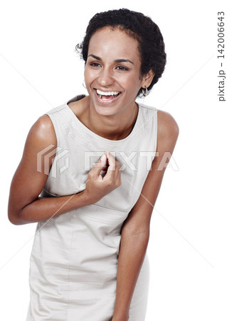 Excited, laugh and business woman in studio with good news, promotion announcement and success. Professional, surprise and face of person happy for prize, reward and celebrate on white background 142006643