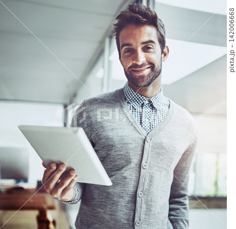 Businessman, tablet and happiness in workplace for e commerce, email and e commerce in office. Technology, male person and digital notebook for startup company, network and social media management 142006668