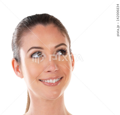 Studio, skincare and woman with thinking for beauty, dermatology treatment or healthy cosmetics. Happy, female person and smile with idea for spa facial, self care and glow on white background Studio, skincare and woman with thinking for beauty, dermatology treatment or healthy cosmetics. Happy, female person and smile with idea for spa facial, self care and glow on white background 142006834